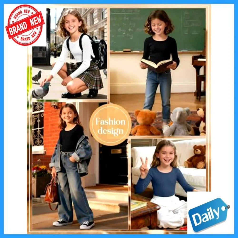 Girls Long Sleeve Cotton Ribbed Slim Fit Tees 3 Pack Layering Undershirts
